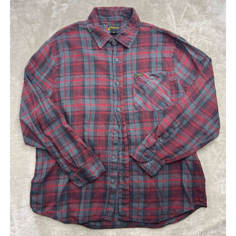 GUC Stanley Men XL Flannel Shirt Red Gray Plaid Long Sleeve Button Down Workwear